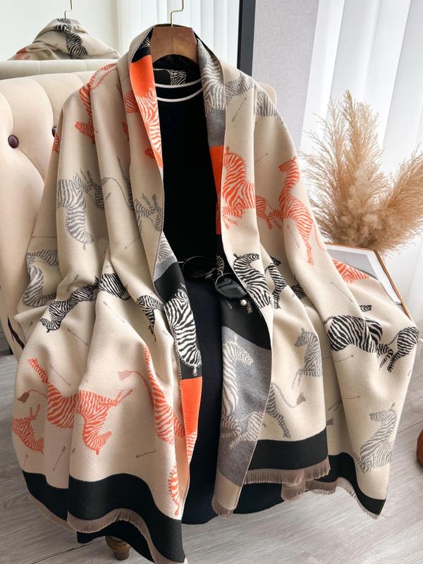 Women's Zebra Print Double Sided Shawl, Casual Soft Warm Long Scarf for Fall & Winter, Fashion Accessories for Daily Wear