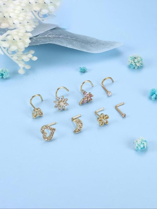 Mixed Style Rhinestone Decor Nose Ring, Fashionable Nose Piercing Jewelry for Women & Girls, Trendy All-match & Exquisite Jewelry for Birthday Gift