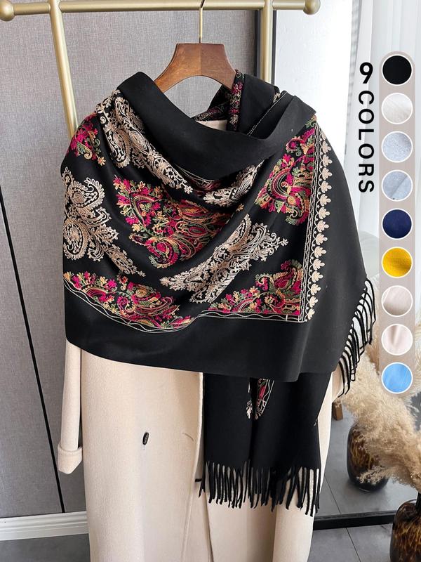 Boho Style Floral Print Tassel Decor Shawl, 2024 New Style Casual Soft Warm Double Sided Scarf for Fall & Winter, Fashion Accessories for Women & Men