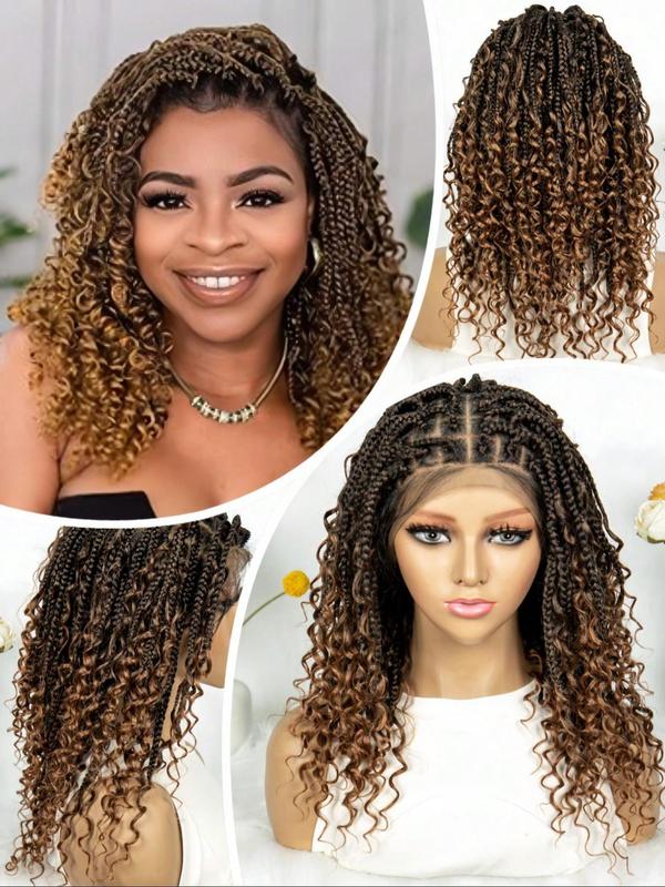 16 Inch Black Long Wavy Braided Lace Wigs for Women, Gorgeous Fluffy Wigs with Baby Hair Bangs, Synthetic Braided Full Lace Wigs for Party, Daily Use