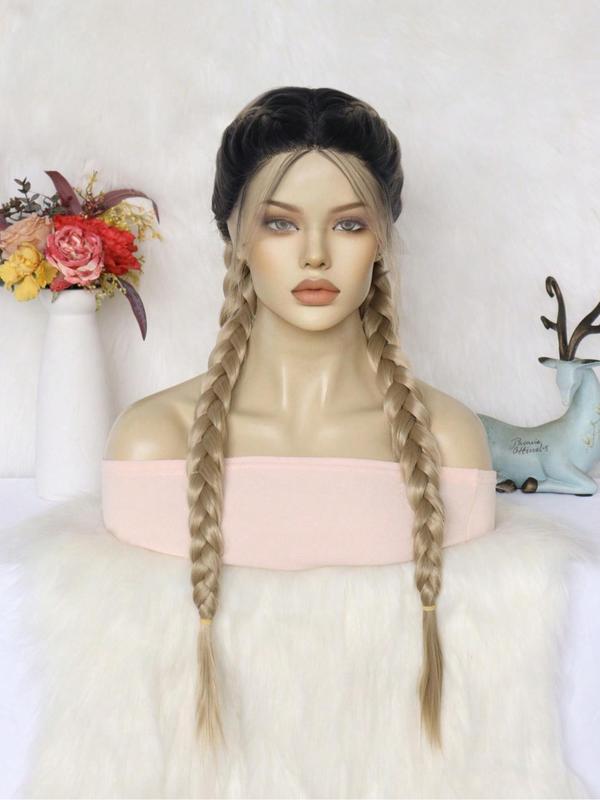 Women's Long Ombre Blonde Double Twist Dutch Braided Lace Front Wig with Baby Hair, Striking Natural Fluffy Hair Wigs without Bangs, Synthetic Hair Wigs for Daily & Cosplay & Anime & Costume Party,  Braids Hairstyles Lace Braids Hairstyles