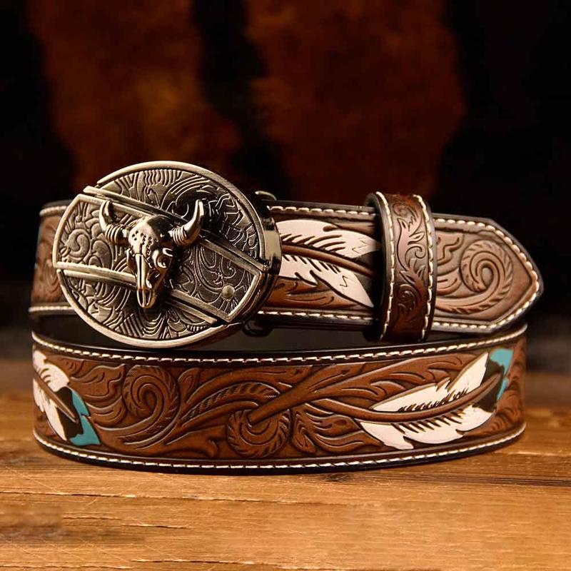 Feather Western Leather Printed Belt and Oval removable westem cowboy Buckle Costume Decoration