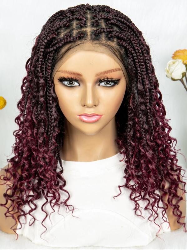 16 Inch Black Long Wavy Braided Lace Wigs for Women, Gorgeous Fluffy Wigs with Baby Hair Bangs, Synthetic Braided Full Lace Wigs for Party, Daily Use