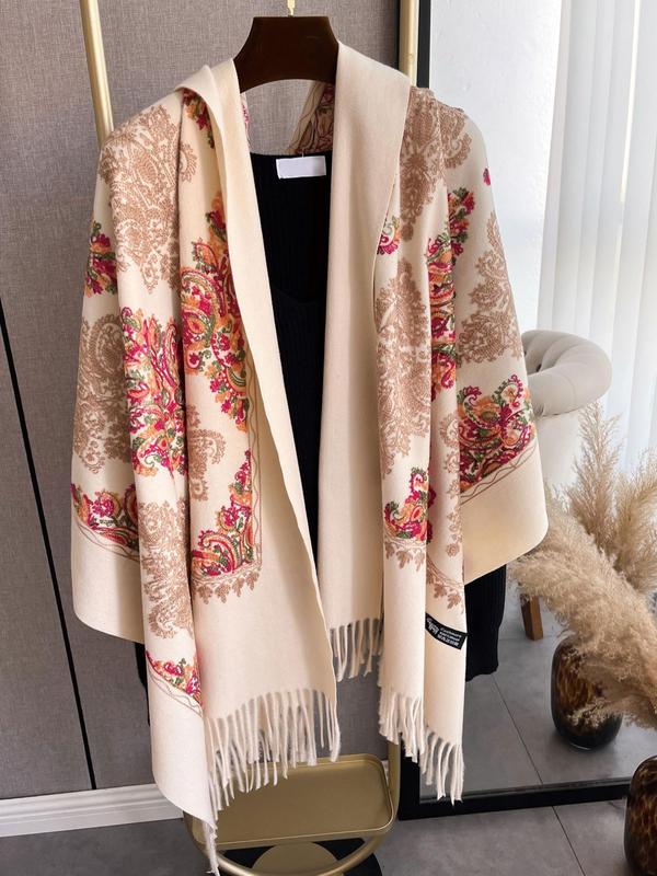 Boho Style Floral Print Tassel Decor Shawl, 2024 New Style Casual Soft Warm Double Sided Scarf for Fall & Winter, Fashion Accessories for Women & Men