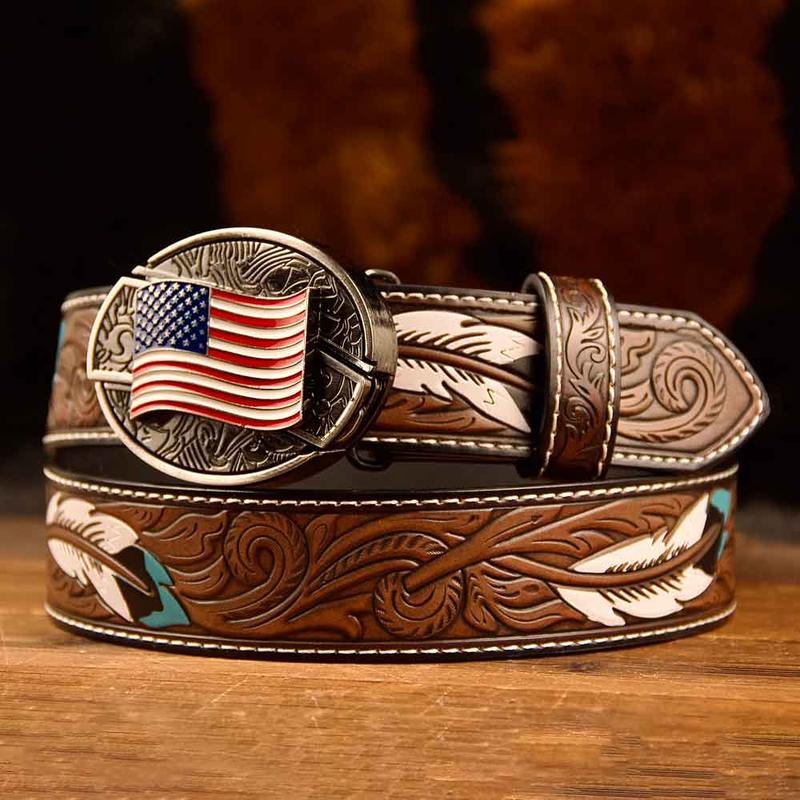 Feather Western Leather Printed Belt and Oval removable westem cowboy Buckle Costume Decoration