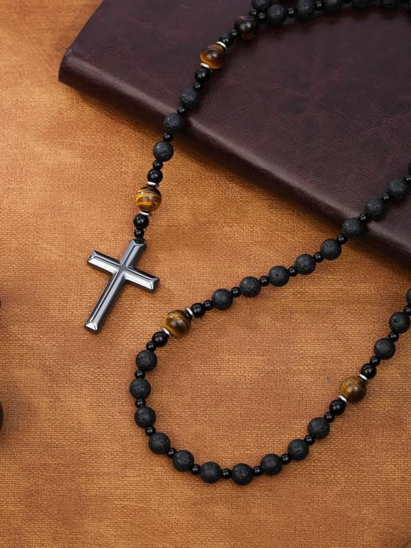 Men's Cross Pendant Design Beaded Necklace & Bracelet, Fashion Jewelry for Party, Daily Clothing Decor, Trendy All-match & Exquisite Jewelry for Birthday Gift