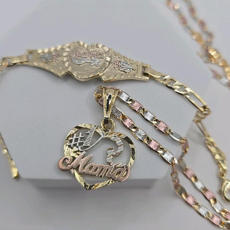 MOTHER'S GIFT SET mama #1 necklace mama bracelet heart and figaro style GOLD-PLATED 7