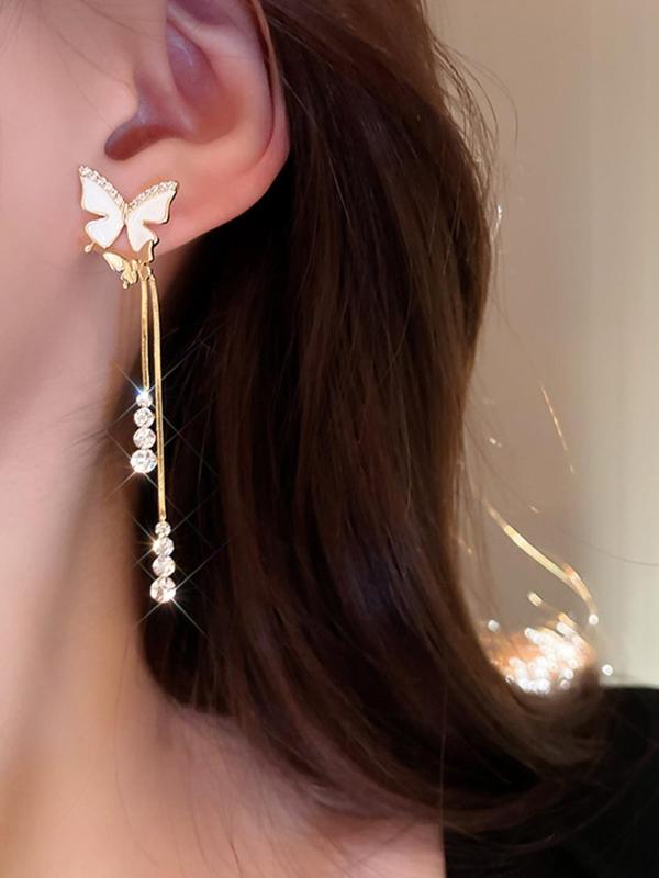 Summer Fashion Butterfly Rhinestone Decor Dangle Tassel Earrings, Elegant Plain Dangle Earrings, Kawaii Accessories, Matching Jewelry for Wedding Bridal Party Formal Occasions