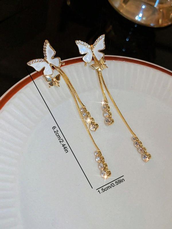 Summer Fashion Butterfly Rhinestone Decor Dangle Tassel Earrings, Elegant Plain Dangle Earrings, Kawaii Accessories, Matching Jewelry for Wedding Bridal Party Formal Occasions