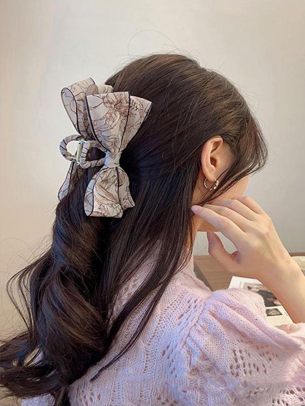 Floral Pattern Bow Decor Hair Claw, 1 Count Elegant Cute Claw Clip for Women & Girls, Minimalist Headwear Suitable for Thick Hair, Fashion Hair Accessories for Party, Daily Decor