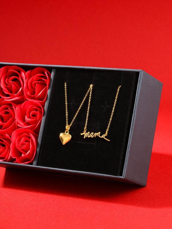 Women's Elegant Summer Letter & Heart Necklace, 2 Counts set Trendy Love Charm Necklace for Daily & Party Decoration, Dainty Jewelry for Gift with Rose Gift Box