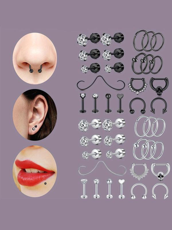 Women's Body Piercing Set, Stainless Steel Body Jewelry Set, Including Cartilage Spiral, Earring, Beard Nose Ring, Lip Ring, Lip Drops, Suitable for Daily Wear