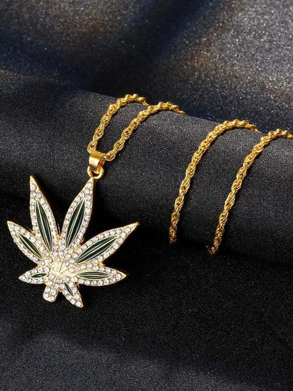 Rhinestone Decorated Maple Leaf Pendant Necklace for Men & Women, Punk Hip Hop Jewelry for Party, Classic Fashion Accessories for Daily Wear