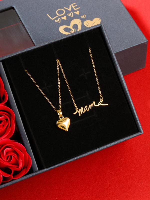 Women's Elegant Summer Letter & Heart Necklace, 2 Counts set Trendy Love Charm Necklace for Daily & Party Decoration, Dainty Jewelry for Gift with Rose Gift Box