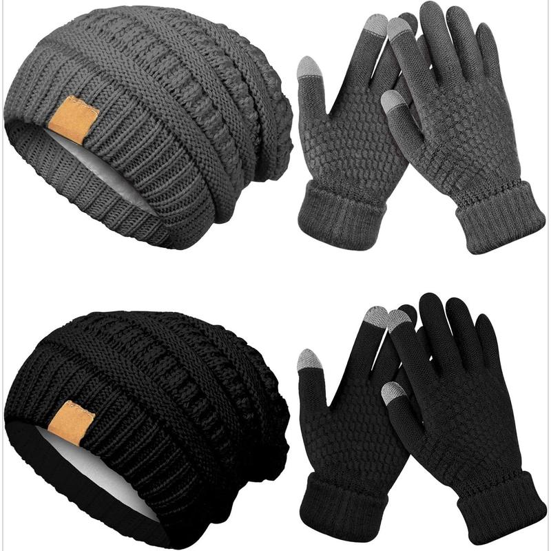 4 Counts Winter Glove and Hat Set Women Winter Hat Touchscreen Gloves Warm Knitted Beanie Hats and Gloves for Women