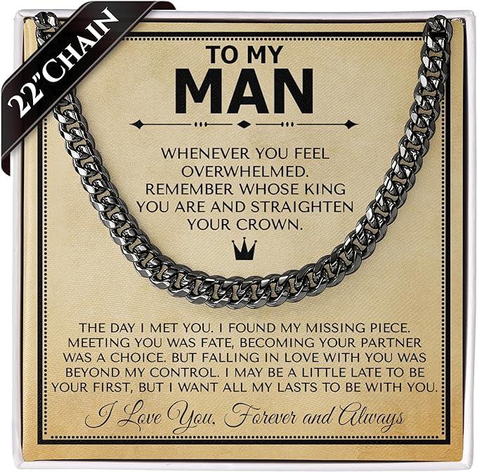 To My Man Steel Cuban Necklace, Meaningful Gift for Him, Romantic Gift for Boyfriend Long Distance, Small Sentimental Gift for Boyfriend, I Love My Boyfriend