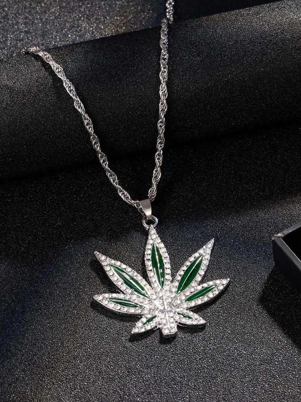 Rhinestone Decorated Maple Leaf Pendant Necklace for Men & Women, Punk Hip Hop Jewelry for Party, Classic Fashion Accessories for Daily Wear