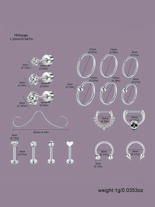 Women's Body Piercing Set, Stainless Steel Body Jewelry Set, Including Cartilage Spiral, Earring, Beard Nose Ring, Lip Ring, Lip Drops, Suitable for Daily Wear