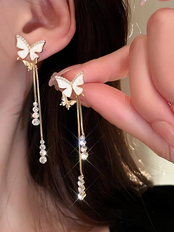 Summer Fashion Butterfly Rhinestone Decor Dangle Tassel Earrings, Elegant Plain Dangle Earrings, Kawaii Accessories, Matching Jewelry for Wedding Bridal Party Formal Occasions