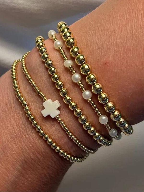 Faux Pearl Decorated Cross Charm Beaded Bracelet, Fashionable Jewelry for Women & Men, Trendy All-match & Exquisite Jewelry for Birthday Gift