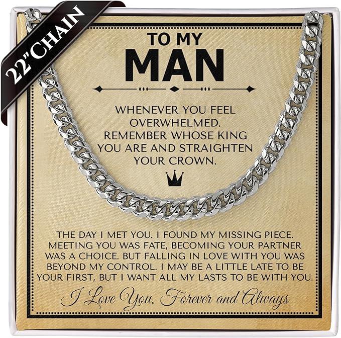 To My Man Steel Cuban Necklace, Meaningful Gift for Him, Romantic Gift for Boyfriend Long Distance, Small Sentimental Gift for Boyfriend, I Love My Boyfriend