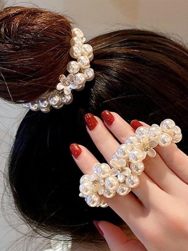 Faux Pearl Decorated Hair Tie, Elegant Flower Design Hair Tie For Women & Girls, Fashion Hair Accessories For Party, Daily Clothing Decor