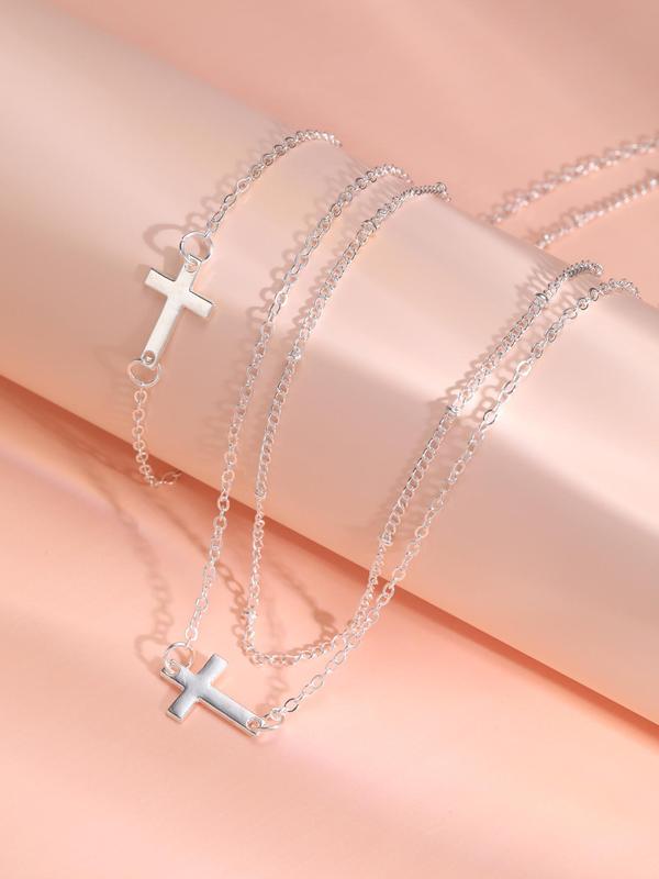 Women's Elegant Cross Design Pendant Necklace & Chain Necklace & Link Bracelet, 3counts set Exquisite Trendy Matching Jewelry Set, Fashion Accessories for Daily & Party Decoration