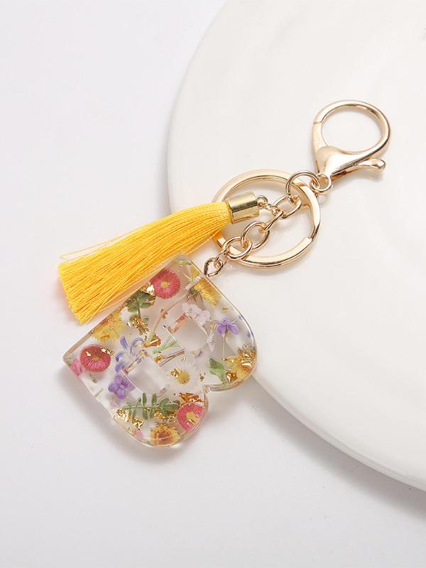 1pc Originality Initial Letter Keychains Accessories, Cute Flowers Pattern Tassel Decor Resin Charm with Key Ring, Bag Backpack & Key Chain Pendant