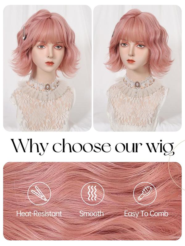 10 Inch Short Wavy Pink Women's Wig, Heat Resistant Wigs, Fluffy Wigs with Bangs, Synthetic Full Machine Wigs for Party, Daily Use