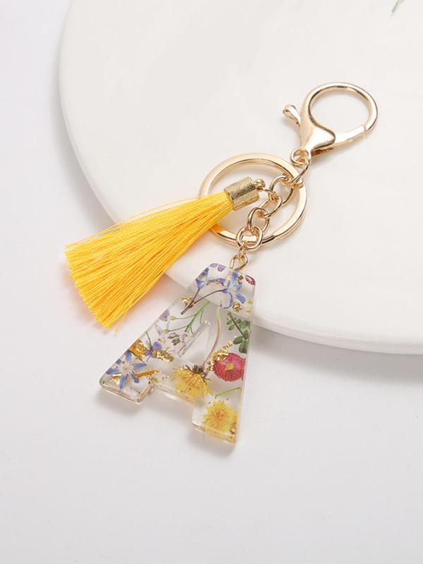 1pc Originality Initial Letter Keychains Accessories, Cute Flowers Pattern Tassel Decor Resin Charm with Key Ring, Bag Backpack & Key Chain Pendant