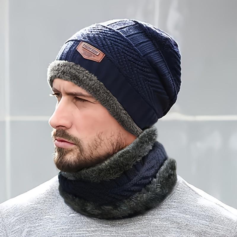 Men's Warm Knitted Hat with Scarf Suit-Thickened Thermal Fleece Lining Winter Accessories, Solid Color