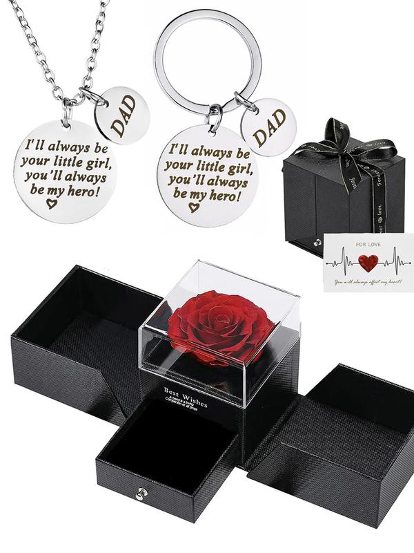 Creative Dad Double Tag Necklace & Keychain, Fashionable Letter & Flower Design Jewelry Set, Trendy All-match & Exquisite Jewelry for Birthday Gift with Box