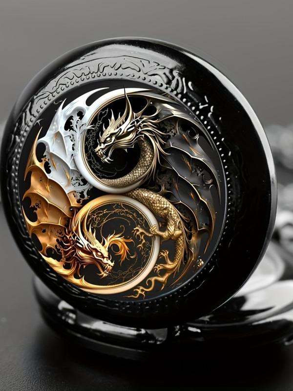 Men's Vintage Dragon Carved Quartz Pocket Watch, Fashion Round Dial Analog Watch for Party, Daily Decor, Trendy All-match & Exquisite Watch for Birthday Gift with Box