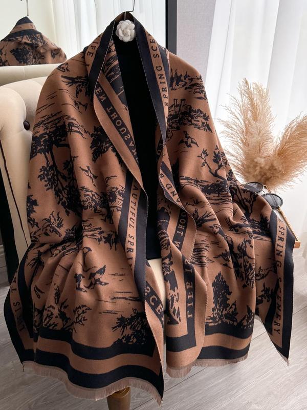 Landscape Print Double Sided Thickened Shawl, Casual Soft Warm Long Scarf for Fall & Winter, Fashion Accessories for Women & Men