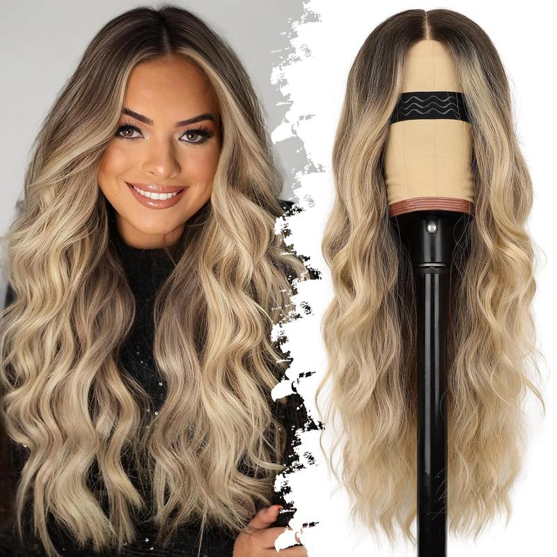 [ AISI HAIR ] Blonde Wig for Women Long Wavy 4x1 Lace Hairline Glueless Wigs for Beginners Middle Part Synthetic Wig Natural Hairline Wigs Ombre Blonde Wig for Daily Party Use 26Inch