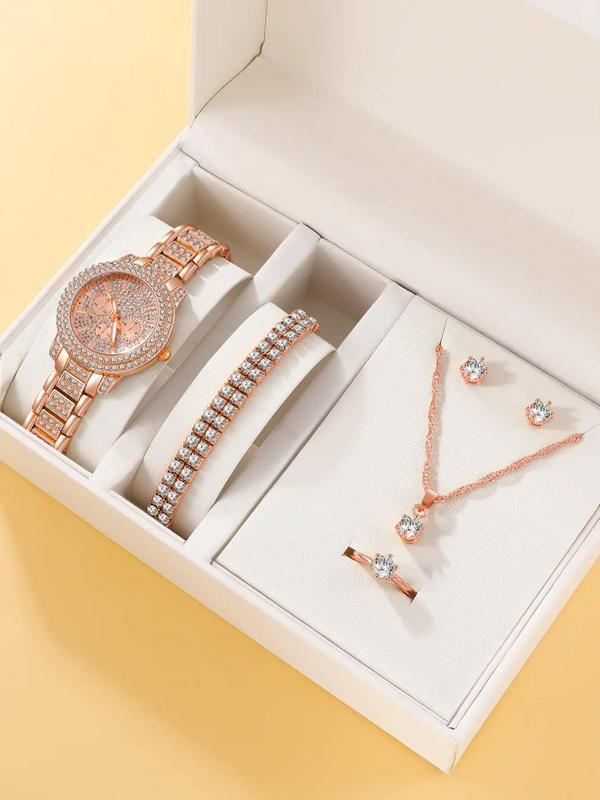 Rhinestone Decorated Quartz Watch Jewelry Set, Elegant Round Hands Analog Wrist Watch, and Ring Necklace Earrings Jewelry Set, Gift for Girlfriend, without Box