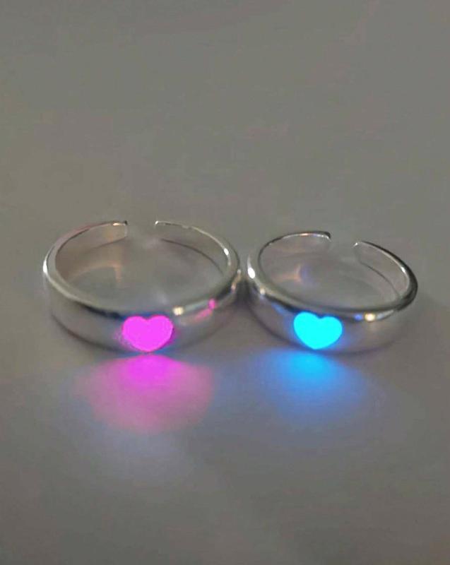 Set of 2 unisex fashion couple rings, minimalist design, adjustable glowing heart shape