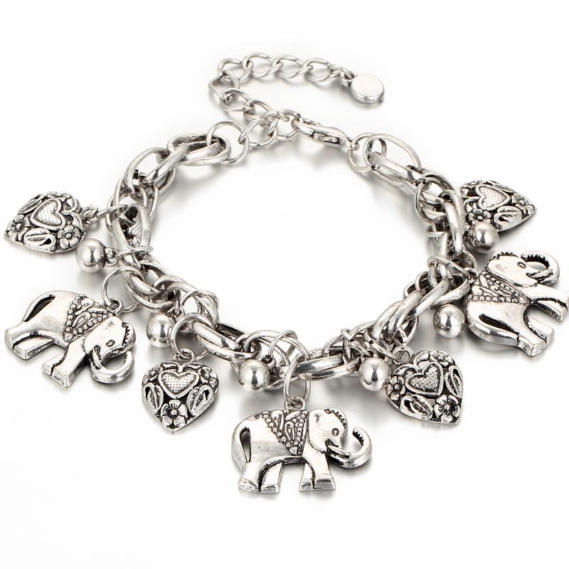 Women's Elephants & Hearts Design Charm Anklet, Fashionable Boho Style Animal Charm Decor Anklet, Casual Alloy Ankle Vintage Jewelry for Beach Essentials, Cool Female Accessories