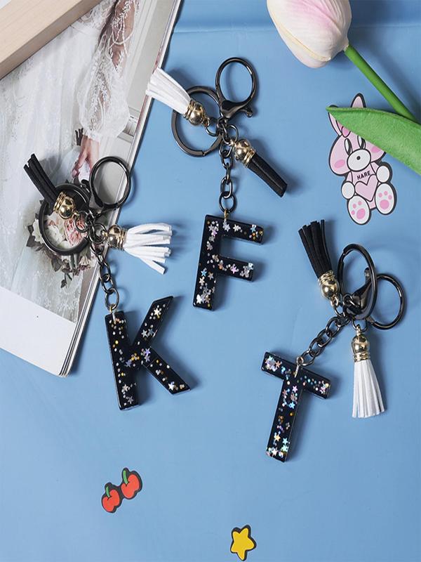 A-Z Alphabet Initial Letter Keychain, 1 Count Cute Star Sequins Resin Key Chain for Women & Men, Fashion Tassel Decor Key Ring for Bag Backpack Decor, Exquisite Keychain for Gift