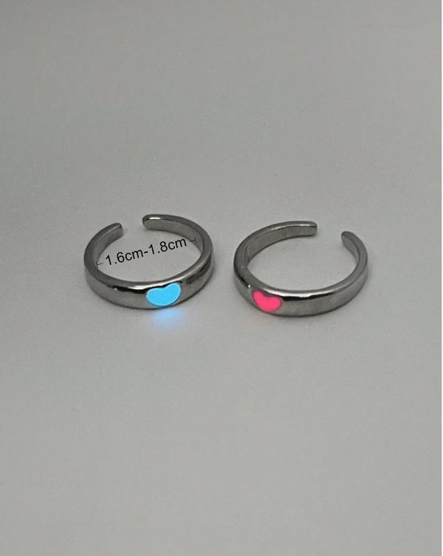 Set of 2 unisex fashion couple rings, minimalist design, adjustable glowing heart shape