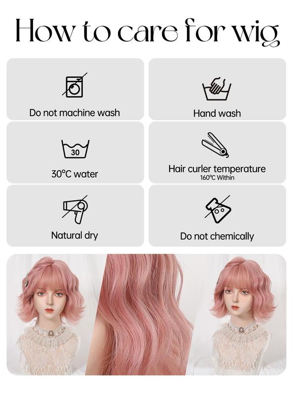 10 Inch Short Wavy Pink Women's Wig, Heat Resistant Wigs, Fluffy Wigs with Bangs, Synthetic Full Machine Wigs for Party, Daily Use