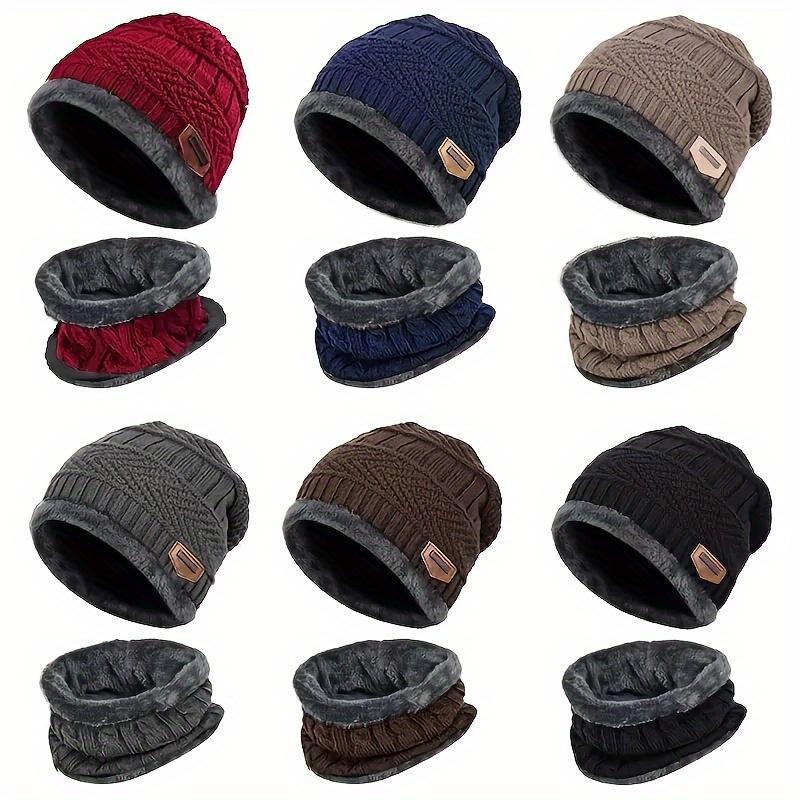 Men's Warm Knitted Hat with Scarf Suit-Thickened Thermal Fleece Lining Winter Accessories, Solid Color