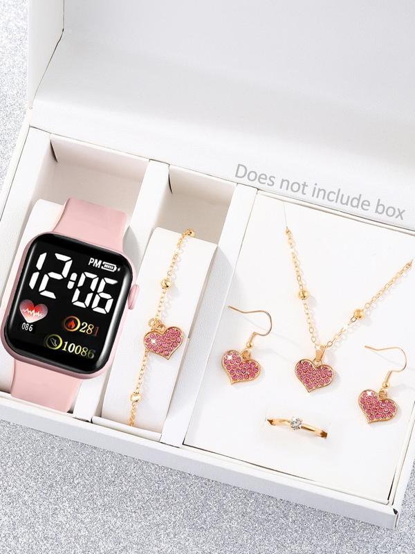 Women's Cute Heart Shaped Rhinestone Decor Watch & Jewelry Set, Including Watch & Necklace & Ring & Earrings & Bracelet, Fashion Watch Set for Women As Gift