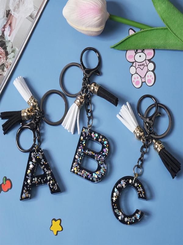 A-Z Alphabet Initial Letter Keychain, 1 Count Cute Star Sequins Resin Key Chain for Women & Men, Fashion Tassel Decor Key Ring for Bag Backpack Decor, Exquisite Keychain for Gift