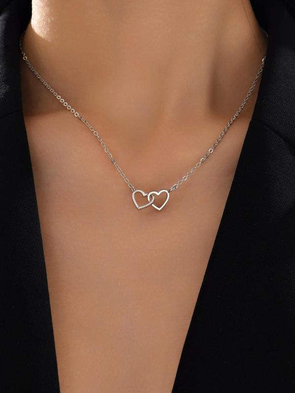 Women's Simple Plain Chain Necklace, Double Heart Design Pendant Necklace, All-match Basic Fashion Accessories for Daily Wear, Exquisite Jewelry for Birthday Gifts, Mexican Necklaces