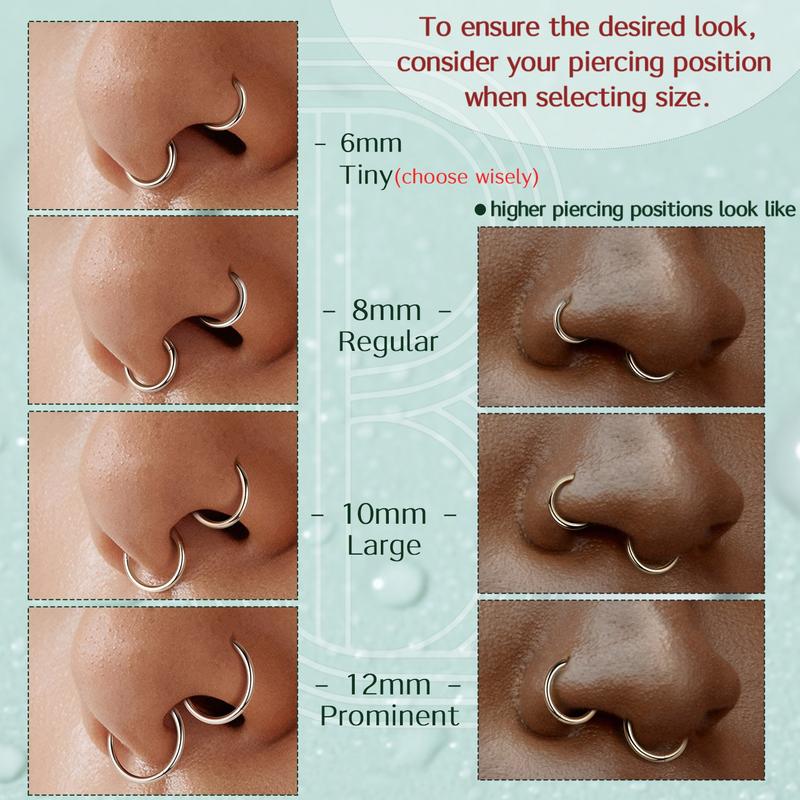 BodyBonita Hinged Nose Rings Hoops 8 Counts 16G 18G 316L Surgical Steel Seamless Septum Rings Lip Helix Cartilage Conch Rook Daith Lobe Cartilage Tragus Piercing Jewelry Black Silver Gold Nose Rings Cilcker Body Piercing for Women Men 6mm 8mm 10mm 12mm