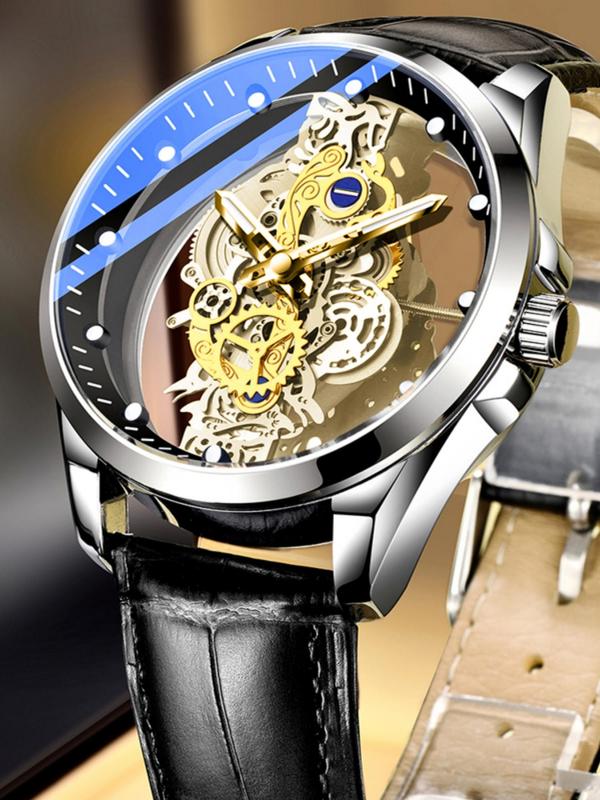 Men's Business Fashion Hollow Out Design Mechanical Watch, Fashion Round Dial Watch for Party, Daily Decor, Trendy All-match & Exquisite Watch for Birthday Gift with Box