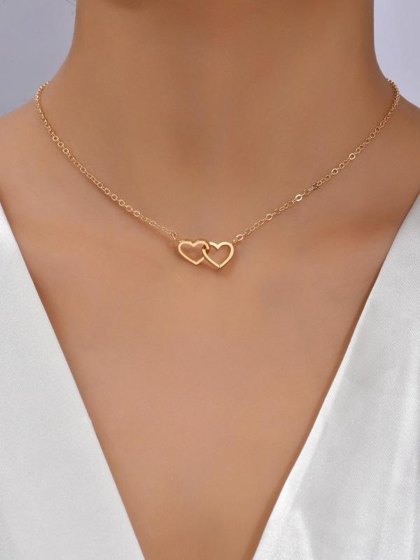 Women's Simple Plain Chain Necklace, Double Heart Design Pendant Necklace, All-match Basic Fashion Accessories for Daily Wear, Exquisite Jewelry for Birthday Gifts, Mexican Necklaces