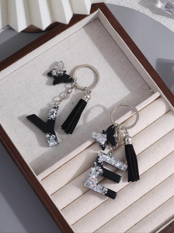 Fashion Letter Design Keychain, Rhinestone Decor Tassel Decor Keychain for Women & Men, Trendy All-match Keychain for Birthday Gift