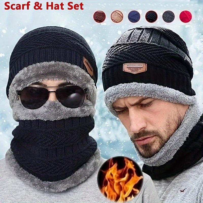 Men's Warm Knitted Hat with Scarf Suit-Thickened Thermal Fleece Lining Winter Accessories, Solid Color